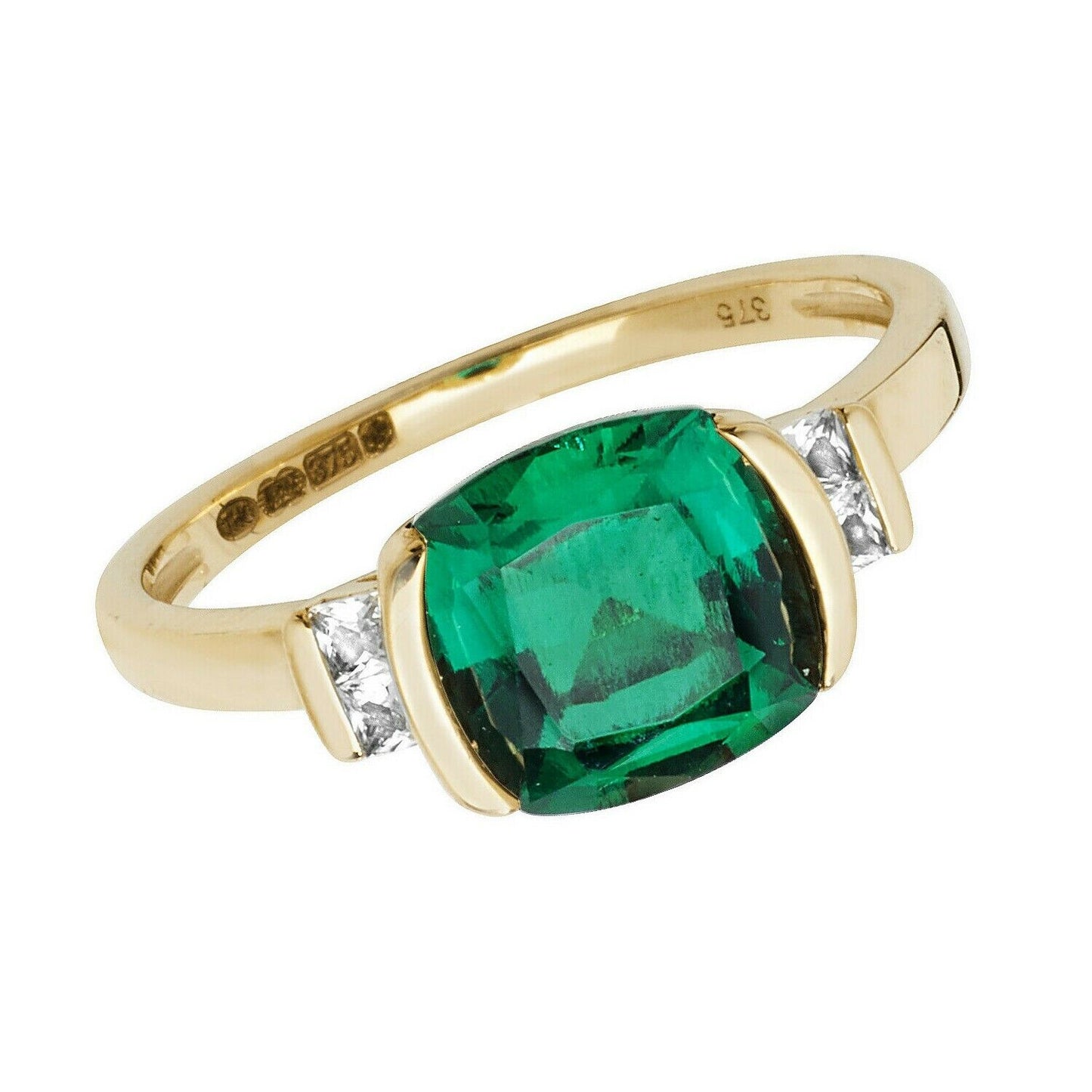 Yellow Gold Emerald Ring Cushion Solitaire White Sapphire Engagement Hallmarked