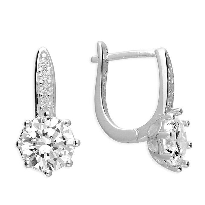 Simulated Diamond Solitaire Hoop Earrings Solid .925 Sterling Silver Handmade