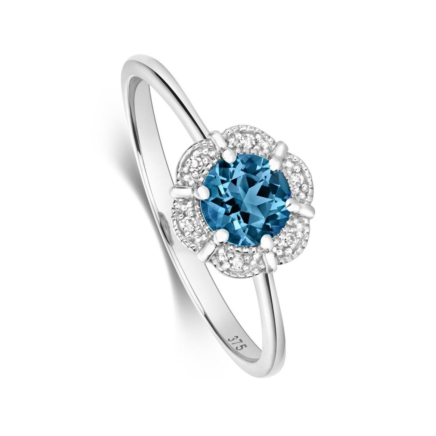 Real London Blue Topaz and Diamond Ring Solid White Gold Round Cluster Size J-Q