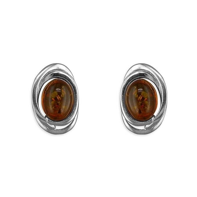 Cognac Amber Oval Stud Earrings 14 x 9mm Solid Sterling Silver 925