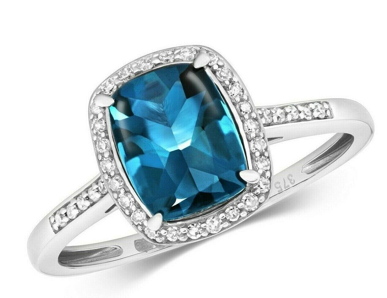 9ct White Gold London Blue Topaz and Diamond Ring Cushion Cluster Size J - Q