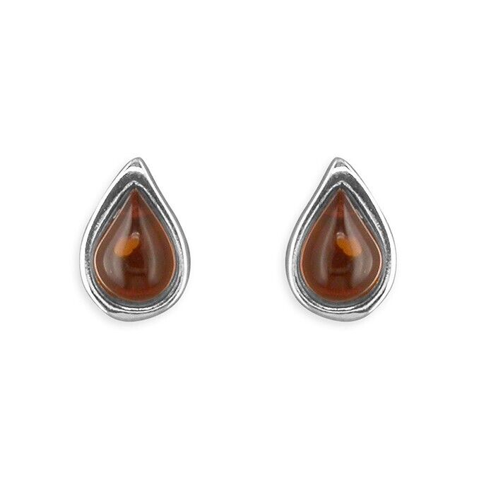 Cognac Amber Teardrop Stud Earrings 10 x 7mm Solid Sterling Silver 925