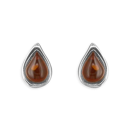 Cognac Amber Teardrop Stud Earrings 10 x 7mm Solid Sterling Silver 925