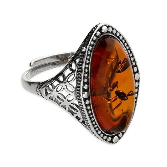 Large Adjustable Vintage Oval Cognac Amber Ring Solid Sterling Silver 925