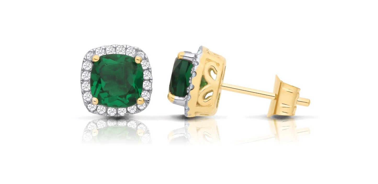Emerald Cushion Cluster Stud Earrings Solid 9ct Yellow Gold Hallmarked