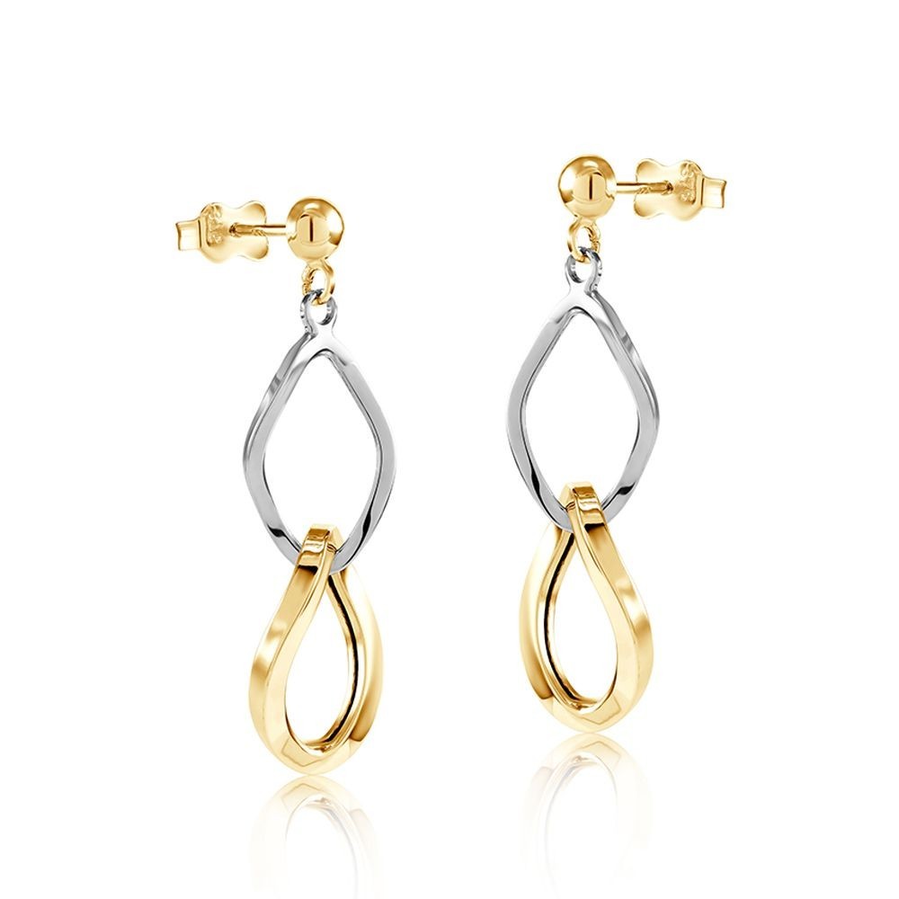 Two Colour Gold Interlink Earrings Yellow and White Gold 36mm Drops Hallmarked