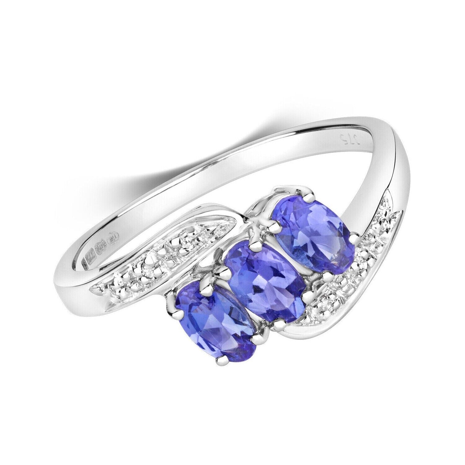 Real Tanzanite and Diamond Ring Solid White Gold Three Stone Size J - Q