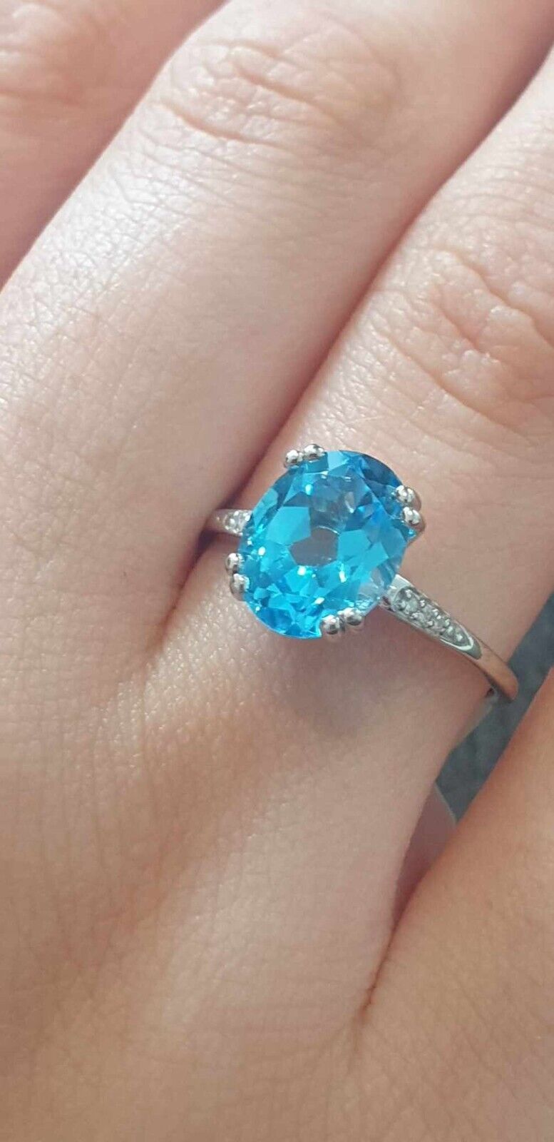 Blue Topaz and Diamond Solitaire Ring Solid White Gold Large Oval 10 x 8mm