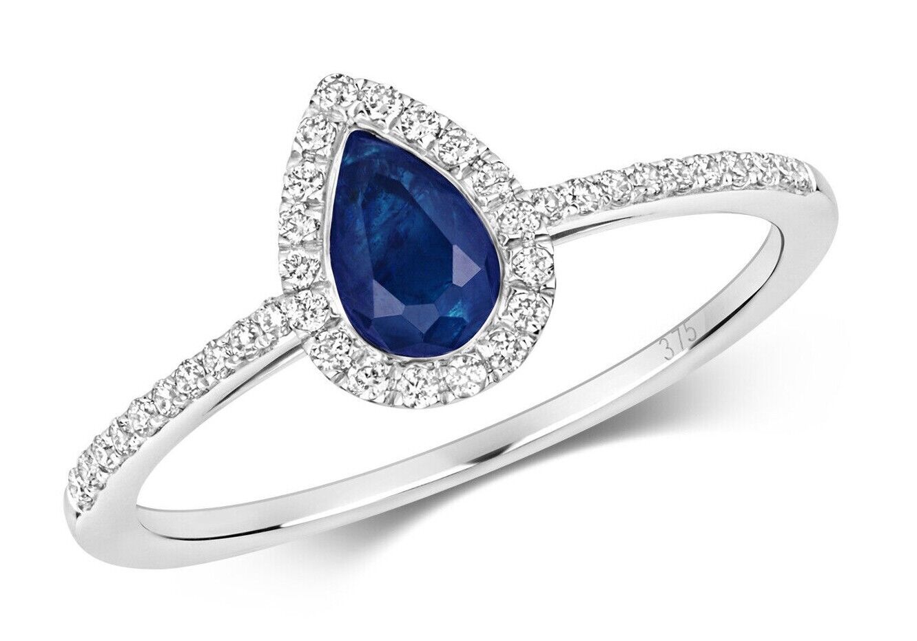 Real Sapphire and Diamond Pear Ring 9ct White Gold Teardrop Cluster Size J - Q