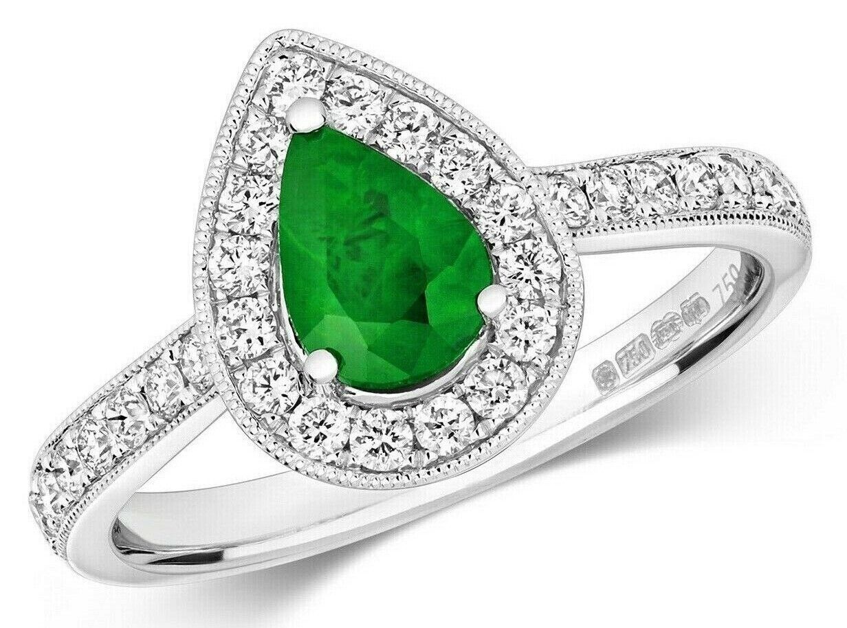 Real Emerald and Diamond Ring 18ct White Gold Pear Teardrop Cluster