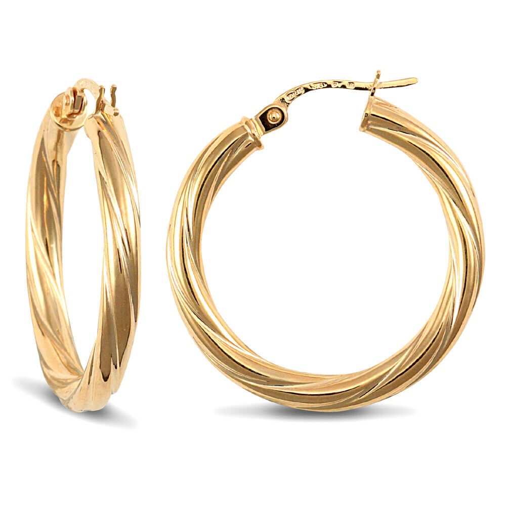 9ct Yellow Gold Twist Hoop Style Earrings British Made Hallmarked 25mm