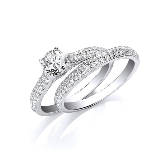 Sterling Silver Bridal Set Solitaire with Pave Half Eternity Ring 925 hallmark
