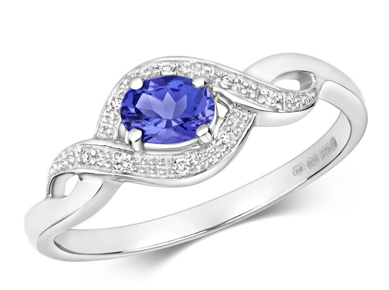 Real Tanzanite and Diamond Ring Solid White Gold Oval Twist Size J - Q