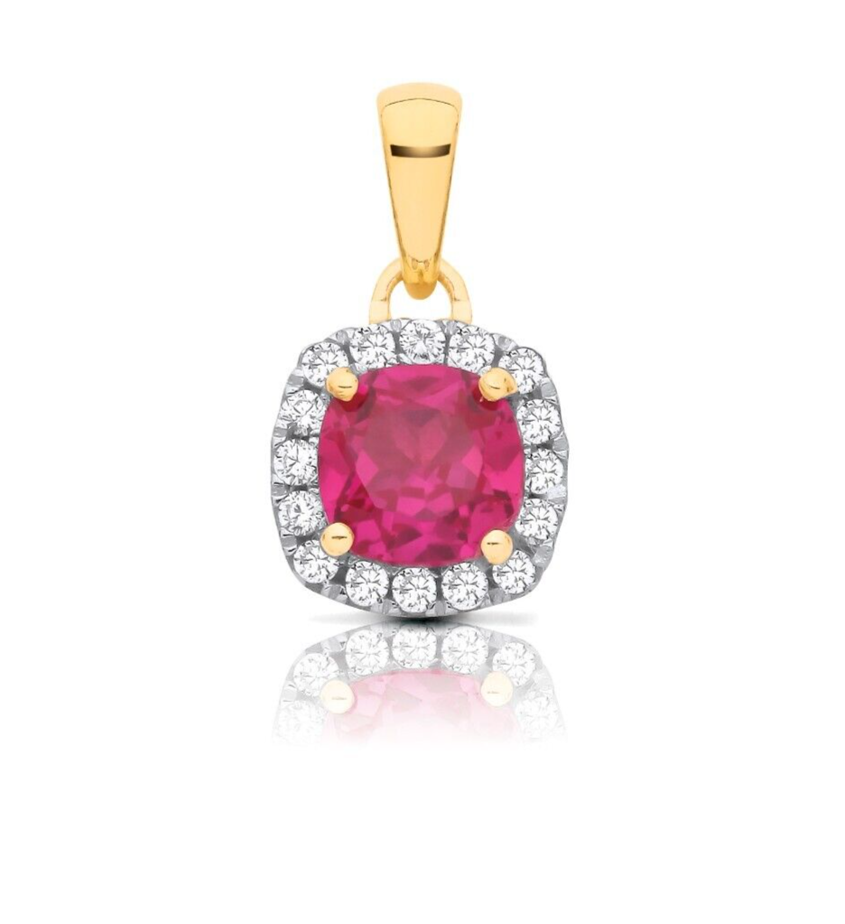Ruby Cushion Cluster Pendant Solid 9ct Yellow Gold 18" Chain Hallmarked