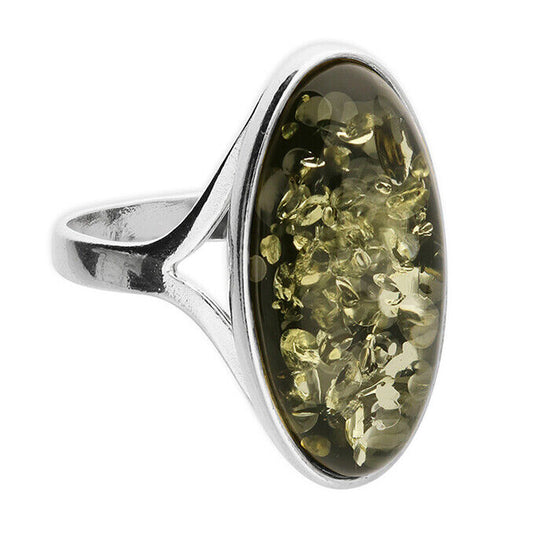 Green Amber Large Oval Statement Ring Solid Sterling Silver 925