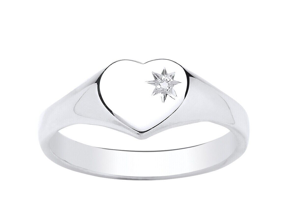 Heart Diamond Signet Ring Solid Sterling Silver Ladies