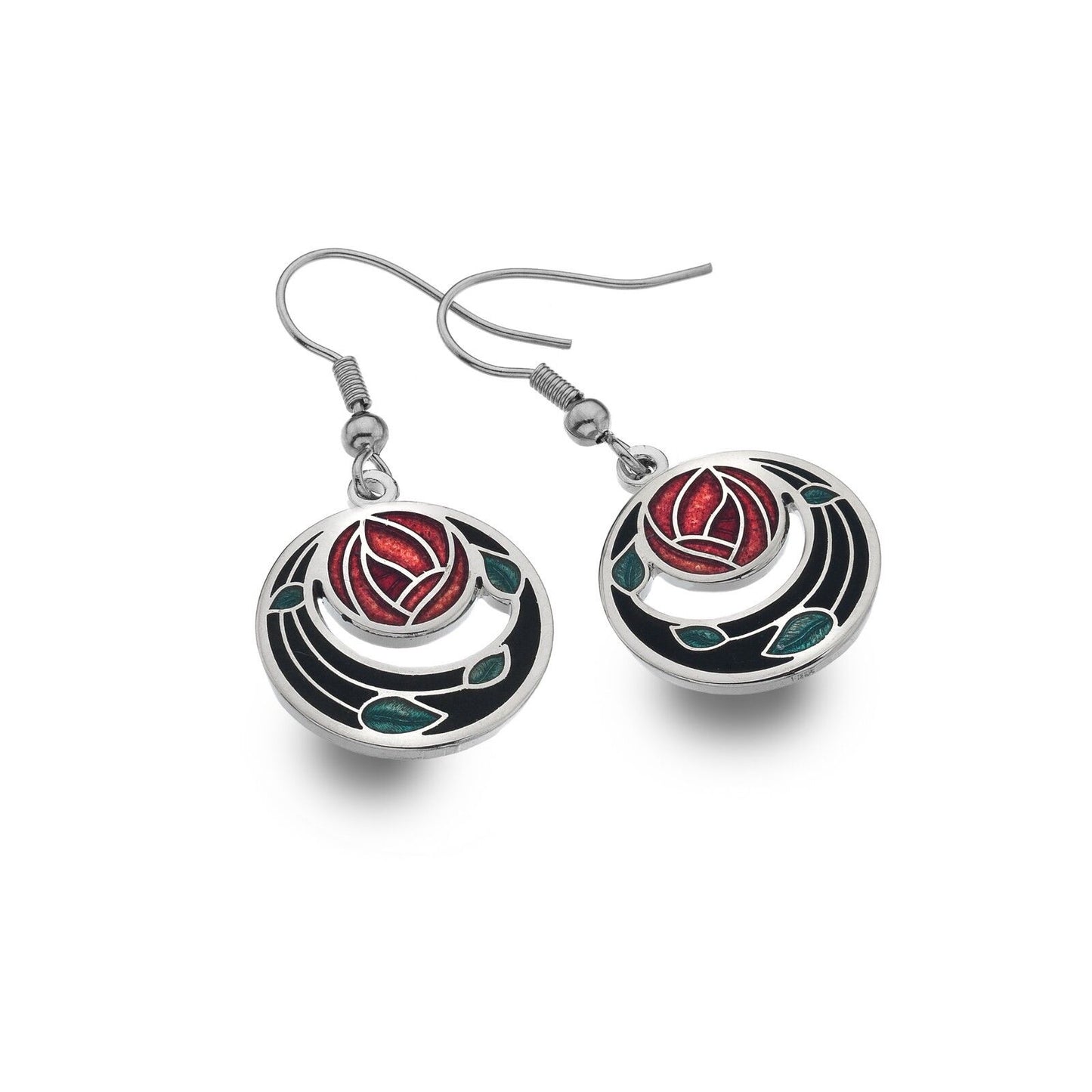 Mackintosh Rose Drop Earrings Coil Leaf Silver Plated Branded Packaging