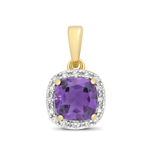 Amethyst and Diamond Pendant 9ct Yellow Gold Cushion Necklace Real Stones