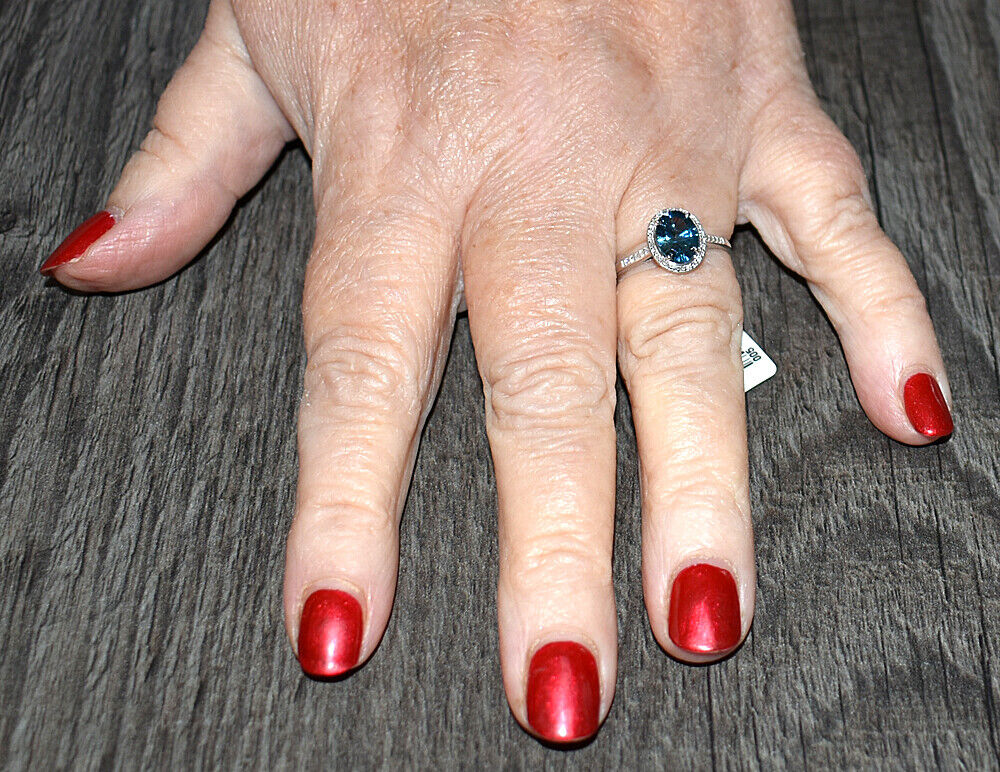 Real London Blue Topaz and Diamond Ring Solid White Gold Oval Gem Size JKLMNOPQ