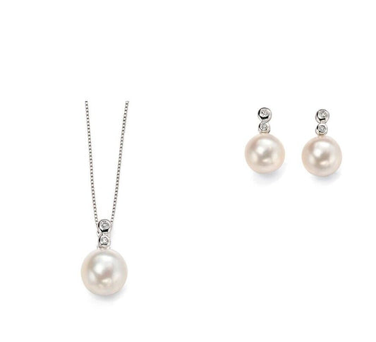 Freshwater Pearl and Diamond Pendant and Earrings White Gold 16 18 or 20" Chain
