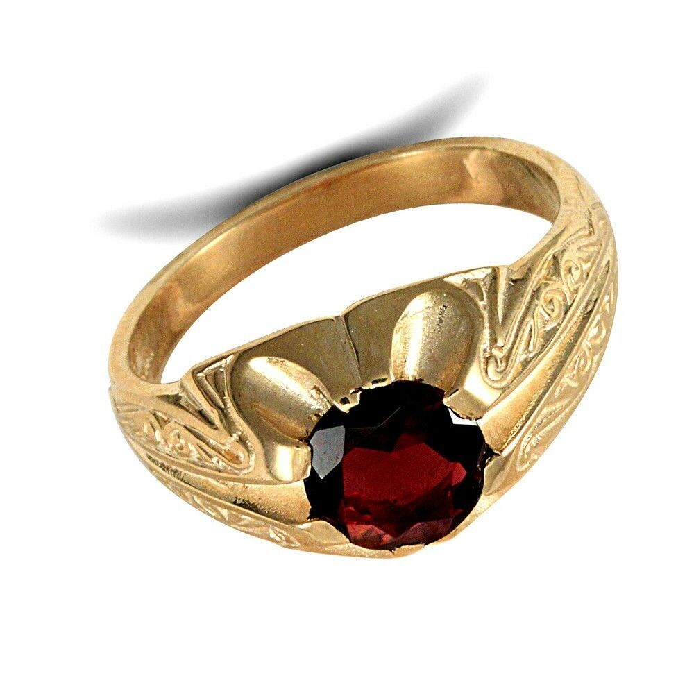Men's Garnet Solitaire Ring Solid 9K Yellow Gold Hallmarked British made