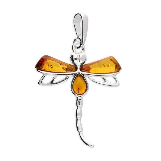Cognac Amber Dragonfly Pendant and Chain Solid Sterling Silver 925
