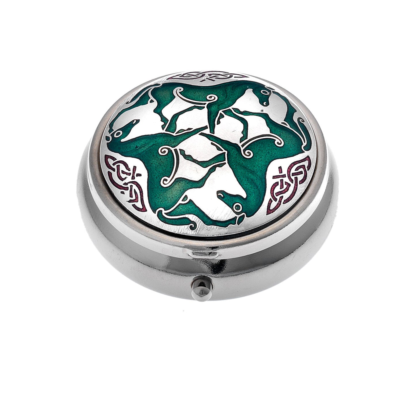 Pillbox Silver Plated Celtic Horse Horses Green Brand New and Boxed