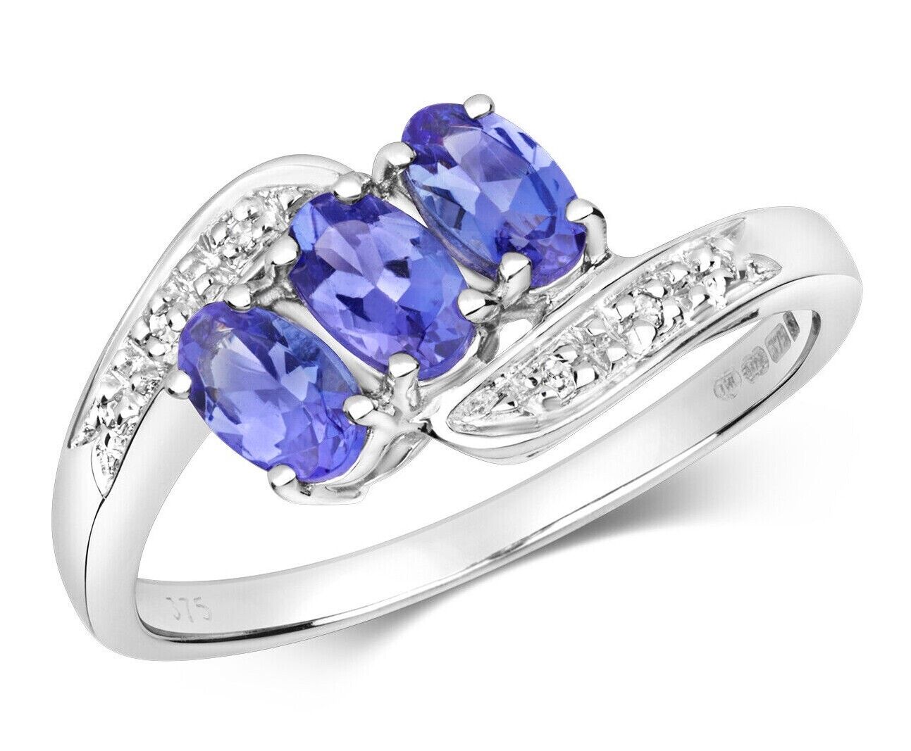 Real Tanzanite and Diamond Ring Solid White Gold Three Stone Size J - Q
