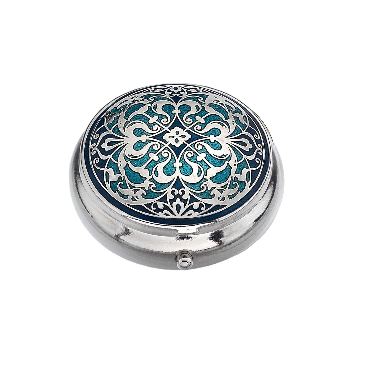Pillbox Silver Plated Arabesque Design Blue Brand New and Boxed