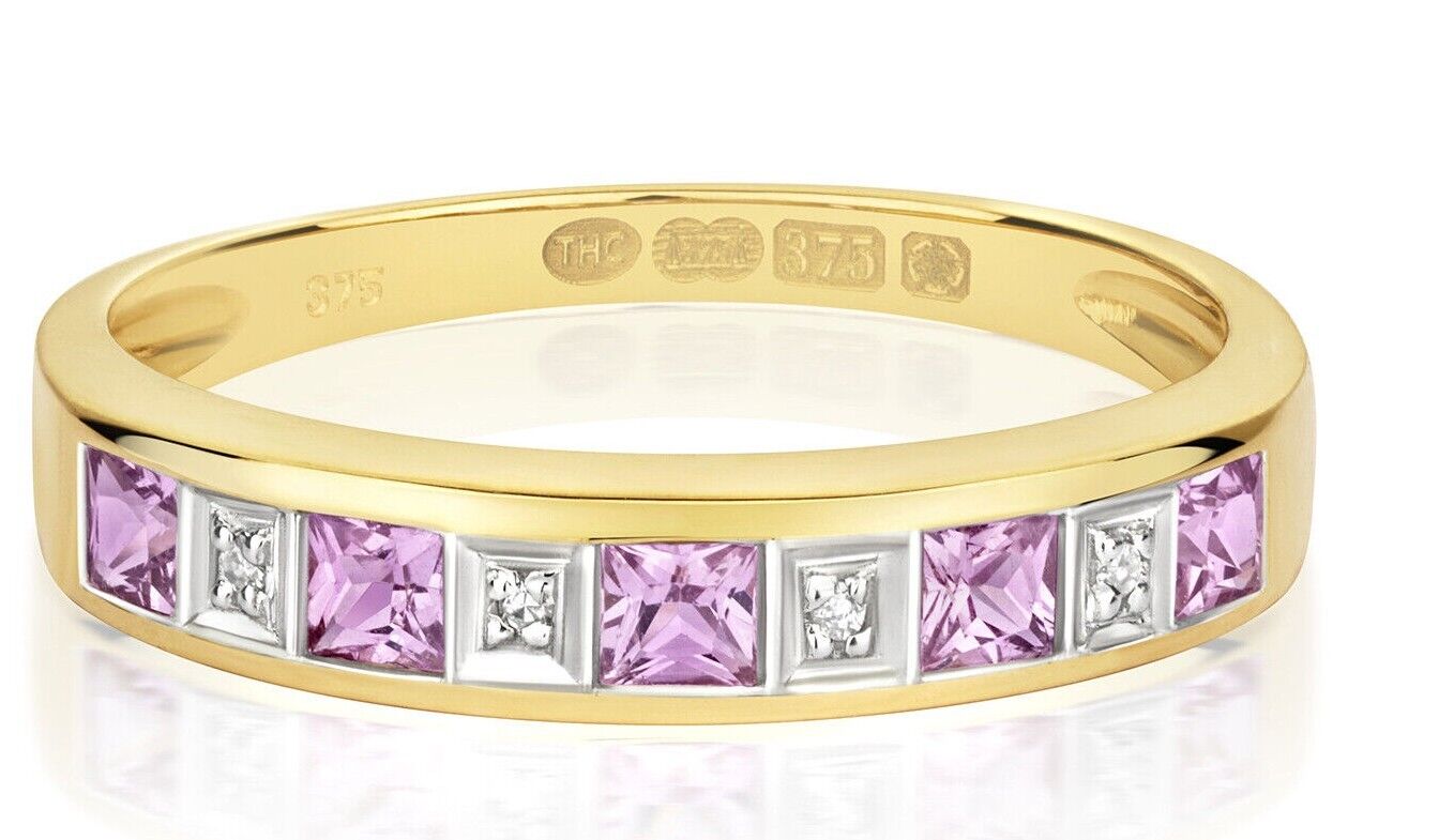 Real Pink Sapphire and Diamond Eternity Ring Solid Yellow Gold Band Size J-Q