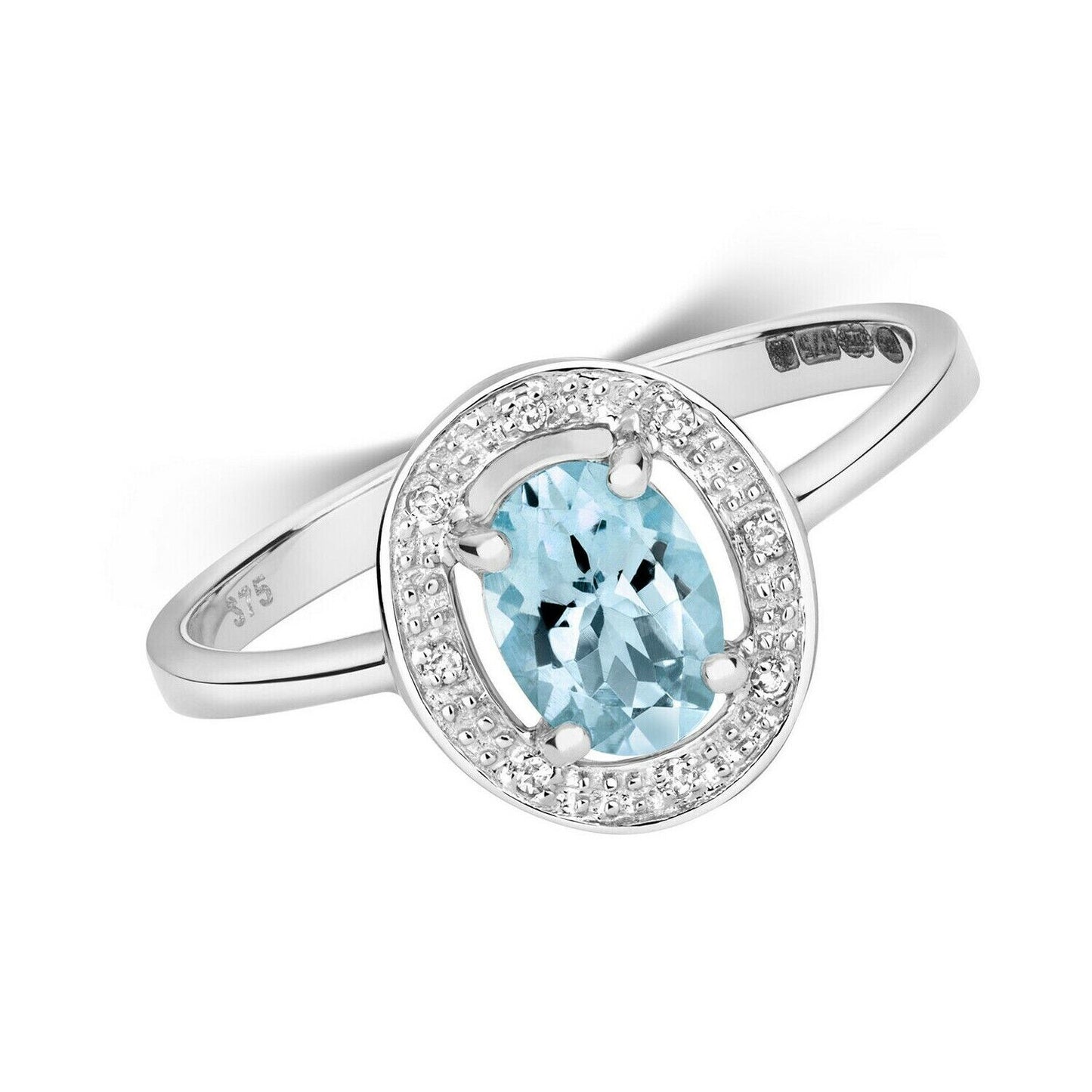 Real Aquamarine and Diamond Ring Solid White Gold Oval Halo Cluster Size J-Q