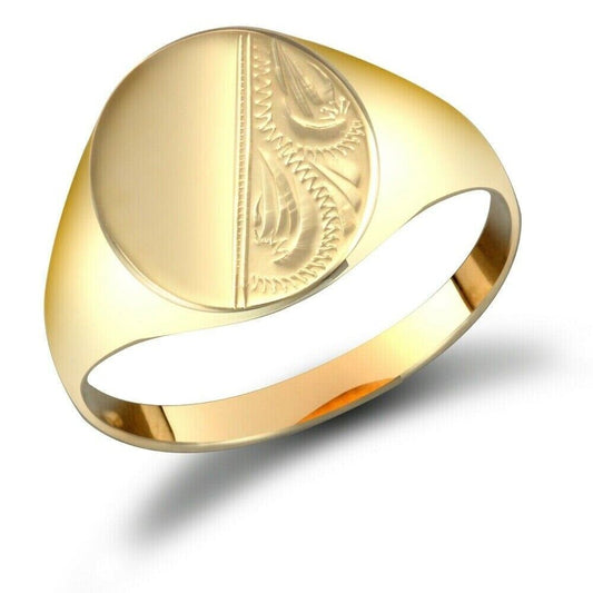 9ct Yellow Gold Gents Oval Siget Ring Half Engraved Fully Hallmarked