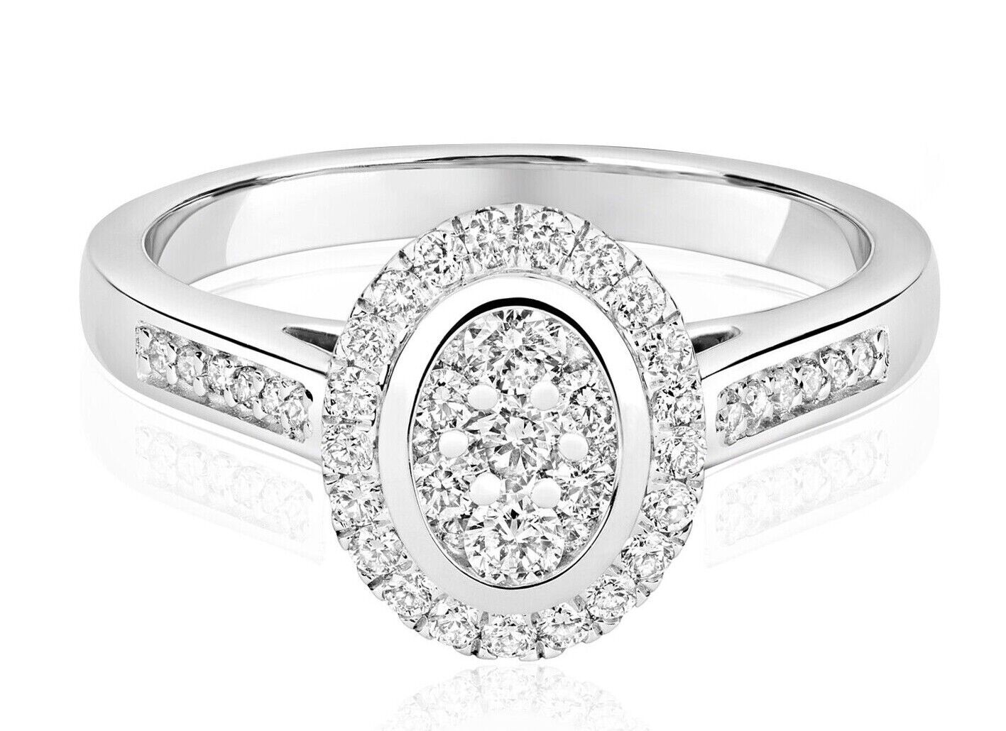 Real Diamond Ring 9ct White Gold Oval Cluster Halo Engagement 0.50 Carat Weight