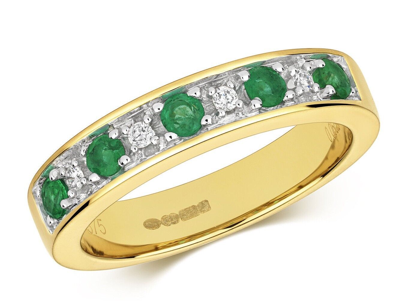 Real Emerald and Diamond Eternity Ring 9ct Yellow Gold 4mm Band Anniversary