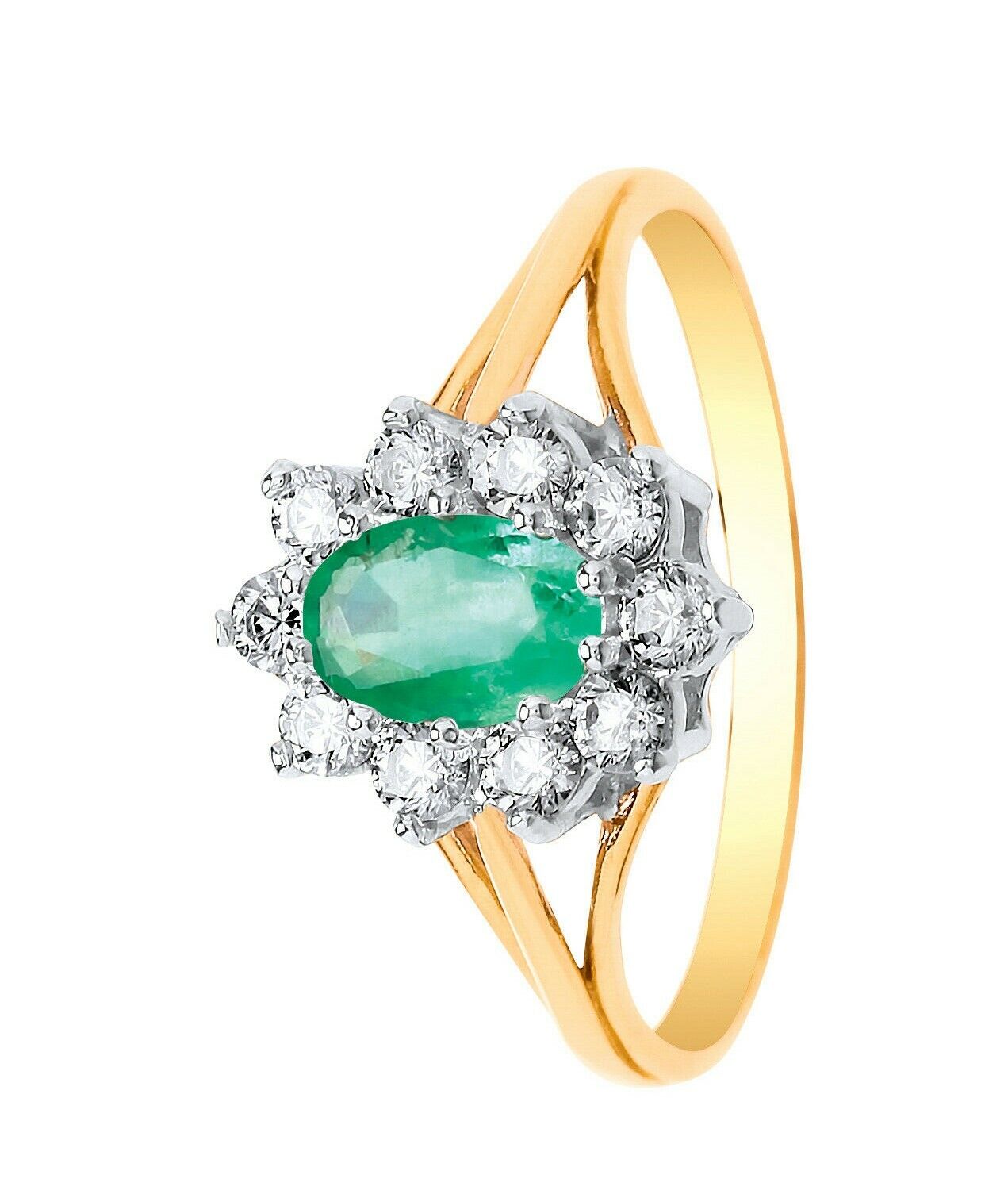 9ct Yellow Gold Emerald Ring Cluster Engagement Dress Fully Hallmarked