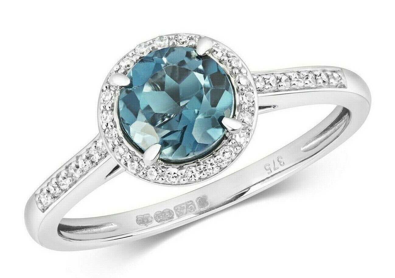 Real London Blue Topaz and Diamond Ring Solid White Gold Halo Cluster Size J-Q