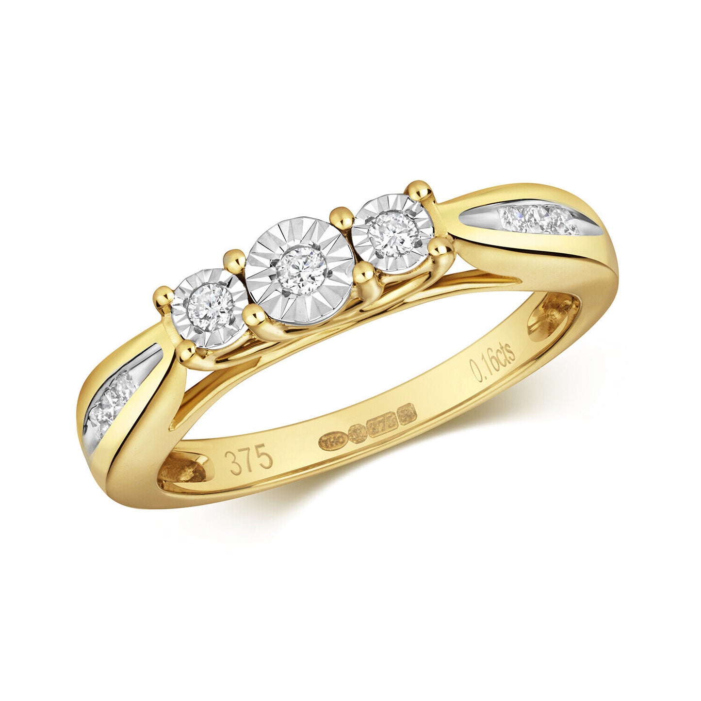 Real Diamond Three Stone Ring 9ct Yellow Gold Trilogy Size J K L M N O P Q