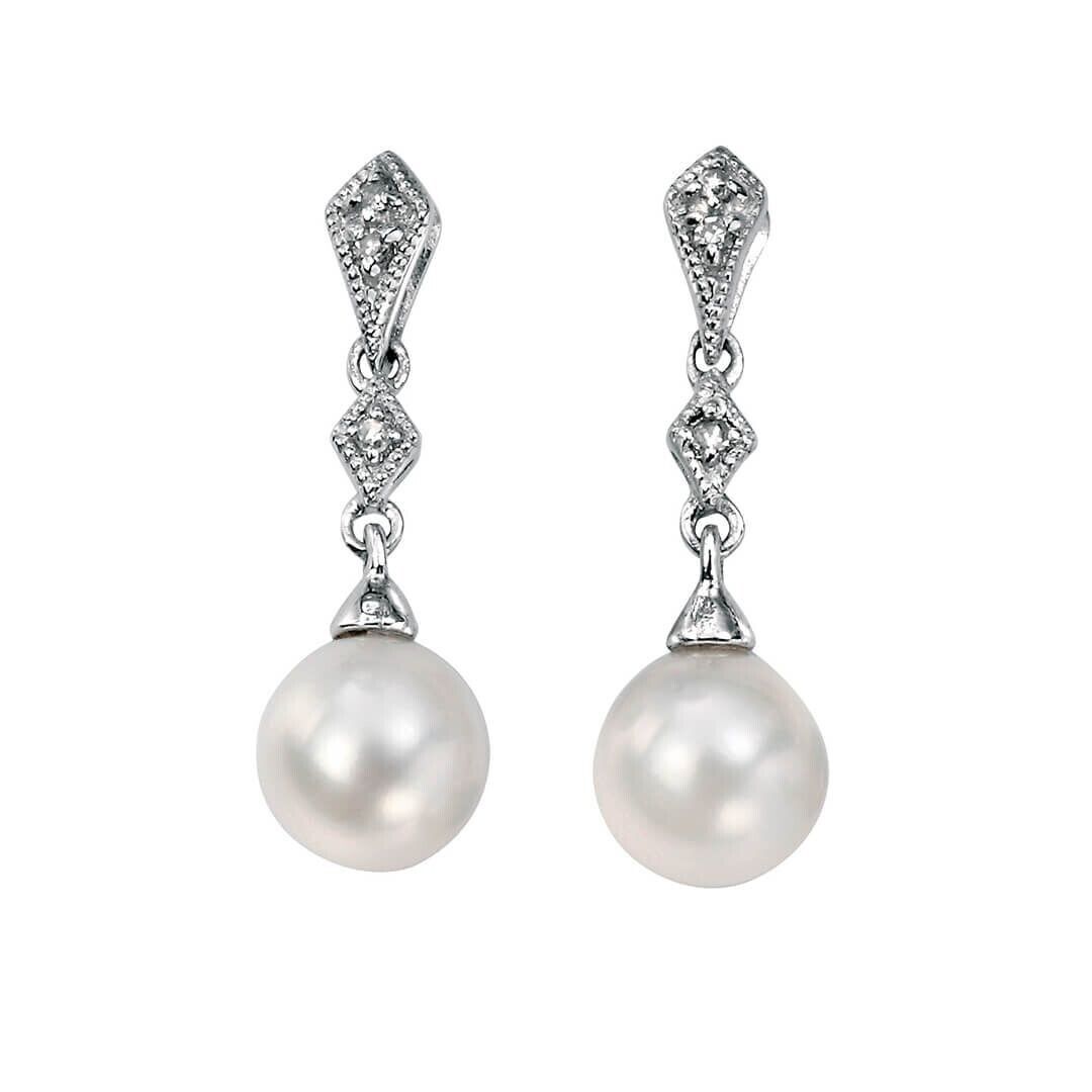 Vintage Freshwater Pearl Diamond Pendant Earrings White Gold 16 18 or 20" Chain