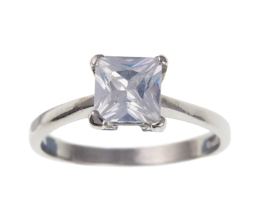 9ct White Gold Simulated Diamond Square Solitaire Ring Engagement Full Hallmark