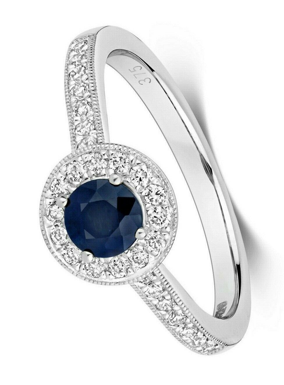 Real Sapphire and Diamond Ring 9ct White Gold Round Cluster Halo Engagement