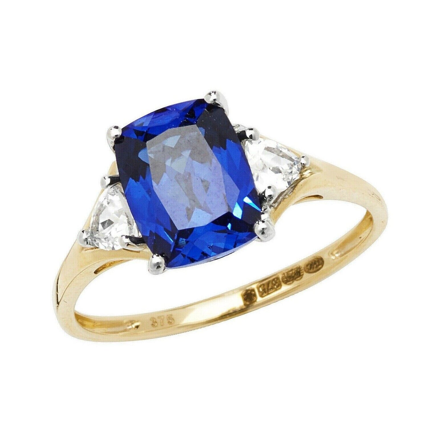 Yellow Gold Sapphire Ring Solitaire Cushion White Sapphire Trillion Hallmarked