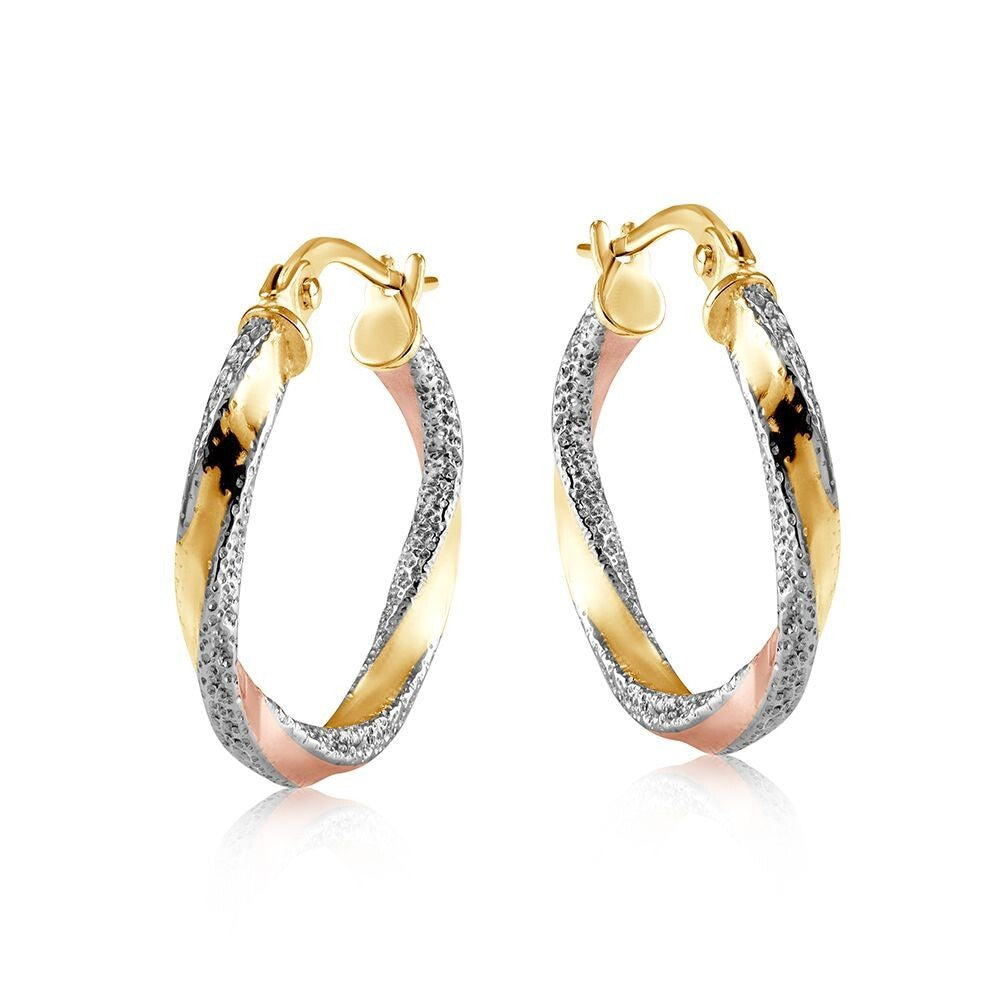 Three Colour Gold Hoop Earrings 20mm Glitter Effect Hallmarked Hoops
