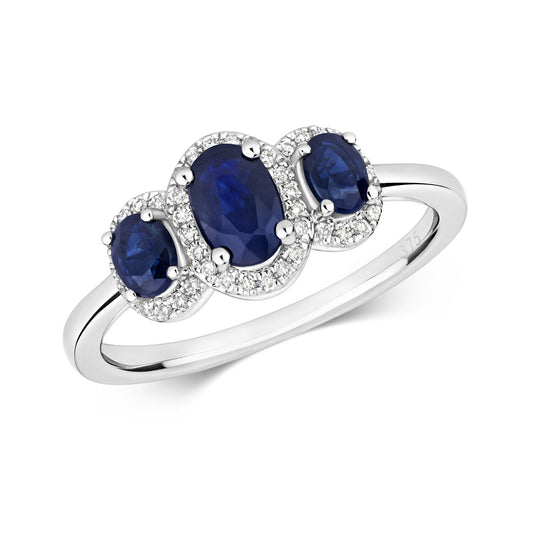 Real Sapphire and Diamond Ring 9ct White Gold Oval Three Stone Trilogy Size J-Q