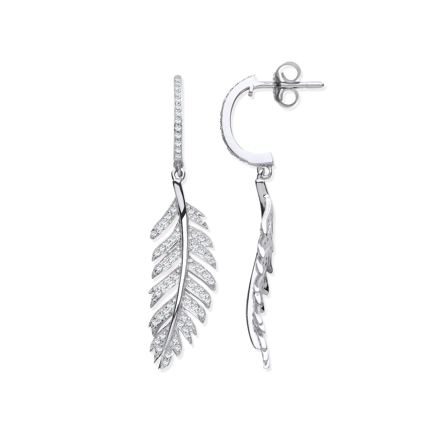9ct White Gold Feather Drop 0.40ctw Diamond Earrings 41mm Length Hallmarked