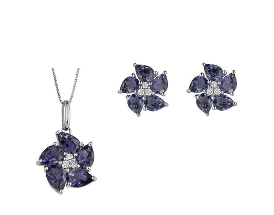 Iolite Diamond Peony Flower Set White Gold Pendant Earrings 16 18 or 20" Chain