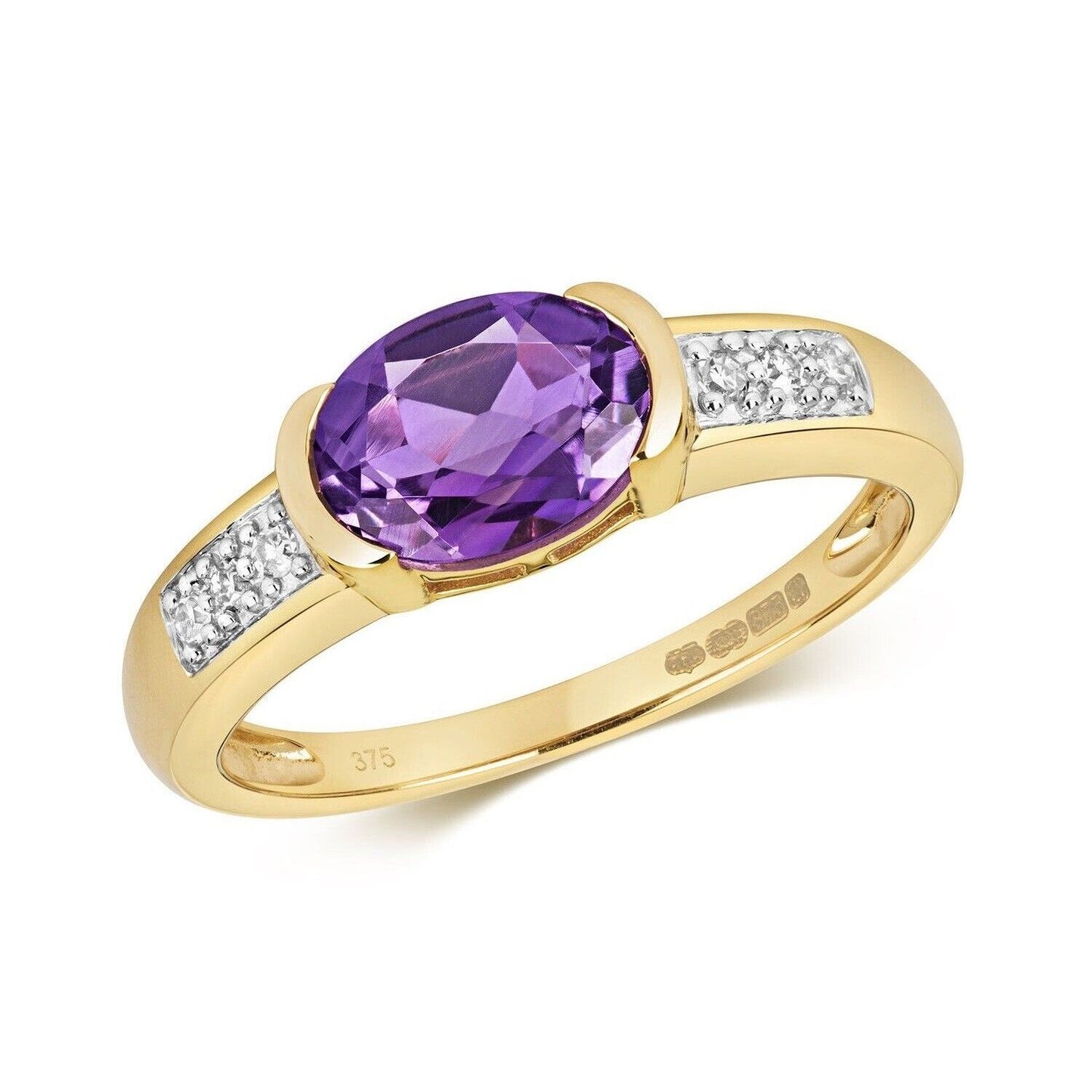 Real Amethyst and Diamond Ring Solid Yellow Gold Solitaire Smooth Set Size J - Q