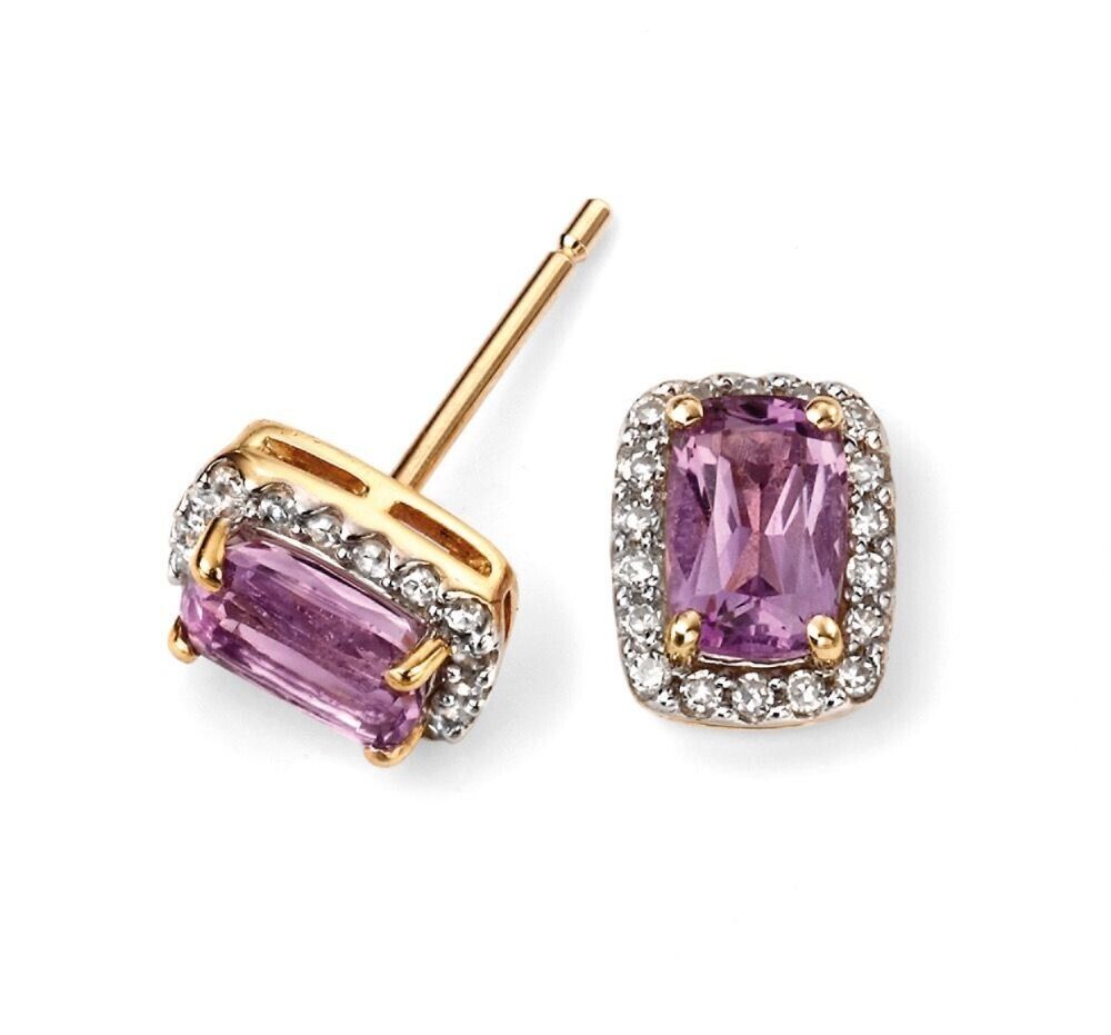 9ct Gold Amethyst and Diamond Pendant and Earrings Set 16 18 or 20" Chain
