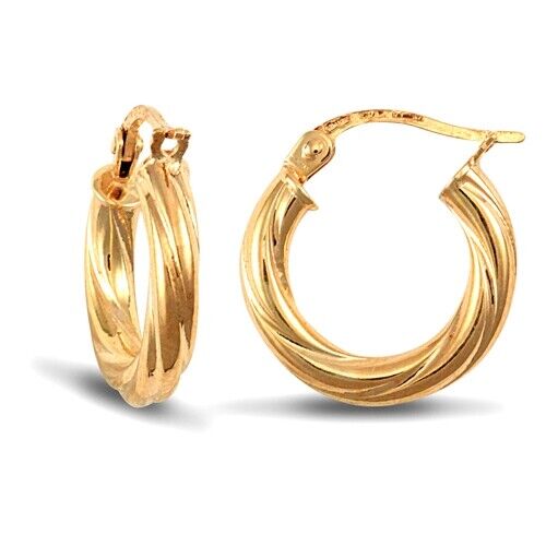 9ct Yellow Gold Twist Hoop Style Earrings British Made Hallmarked 15mm