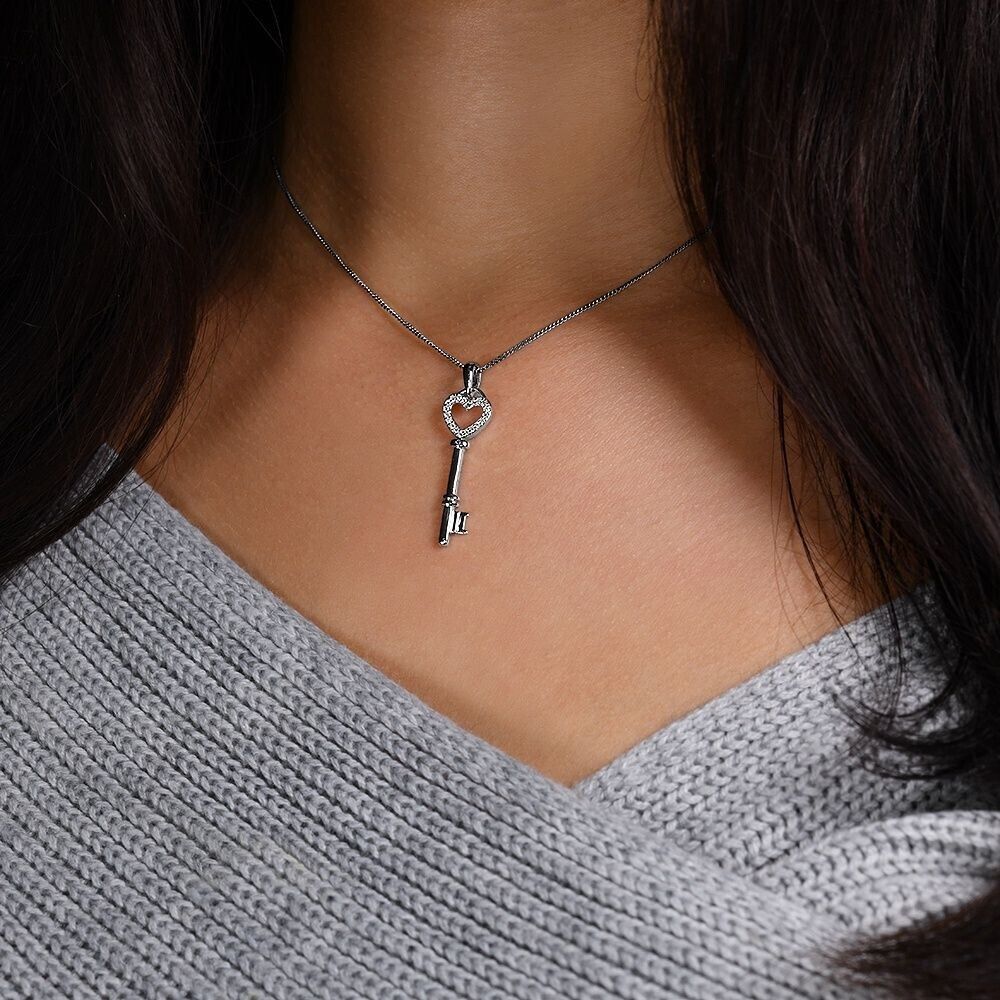 9ct White Gold 0.08ct Diamond Key Heart Pendant