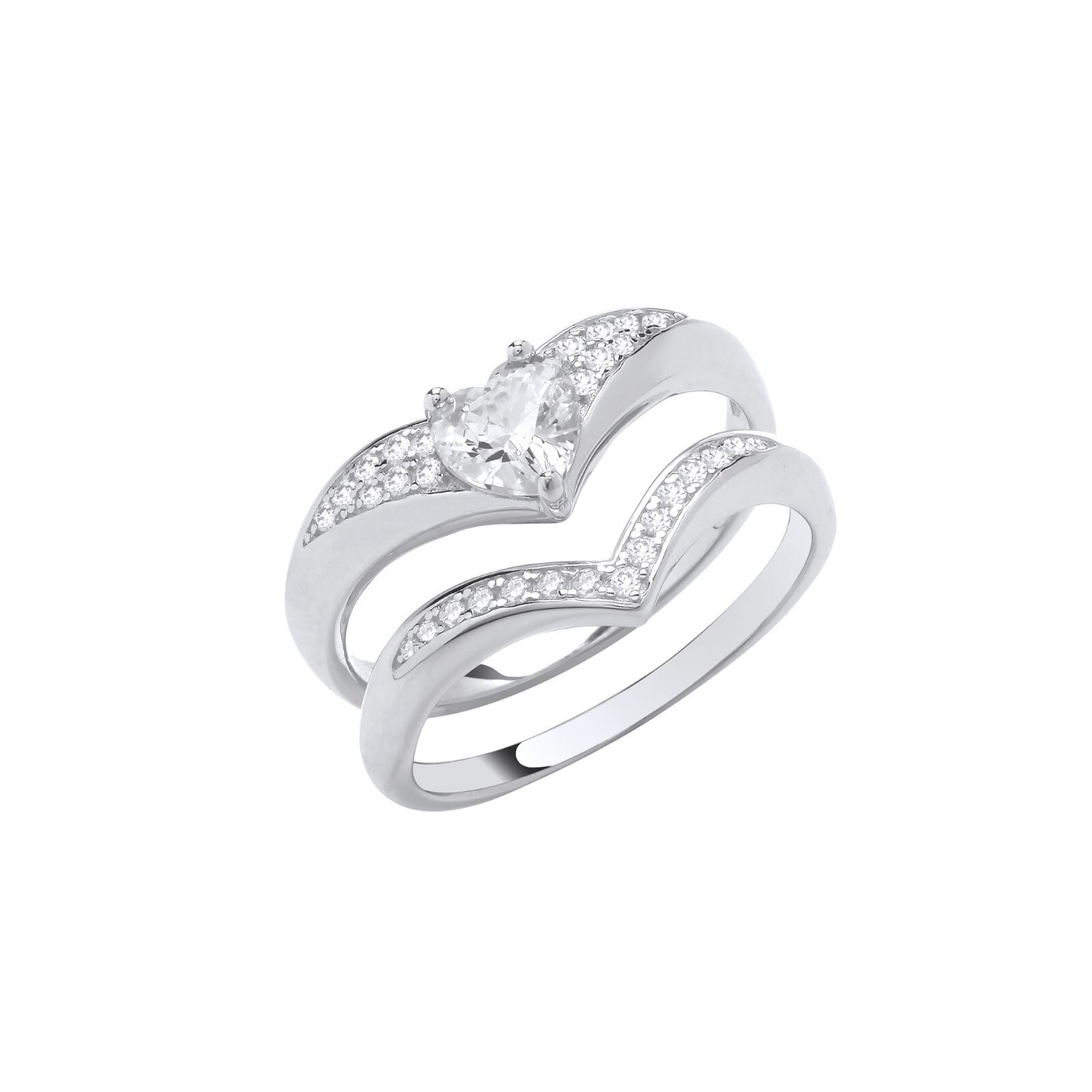 Sterling Silver Bridal Set Heart Zircon Wishbone Rings 925 Hallmark Sizes J - Q
